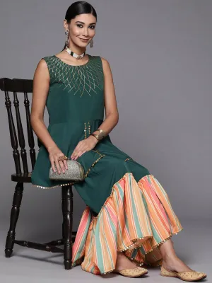 Ahalyaa Green Yoke Geometric Printed High Slit Sequinned Kurti with Sharara