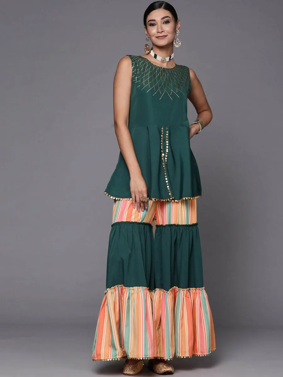 Ahalyaa Green Yoke Geometric Printed High Slit Sequinned Kurti with Sharara