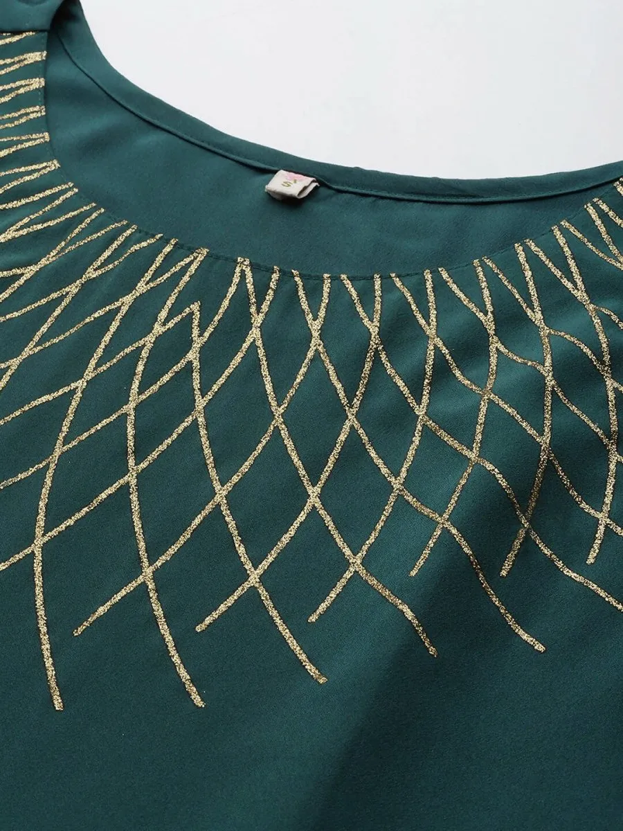 Ahalyaa Green Yoke Geometric Printed High Slit Sequinned Kurti with Sharara