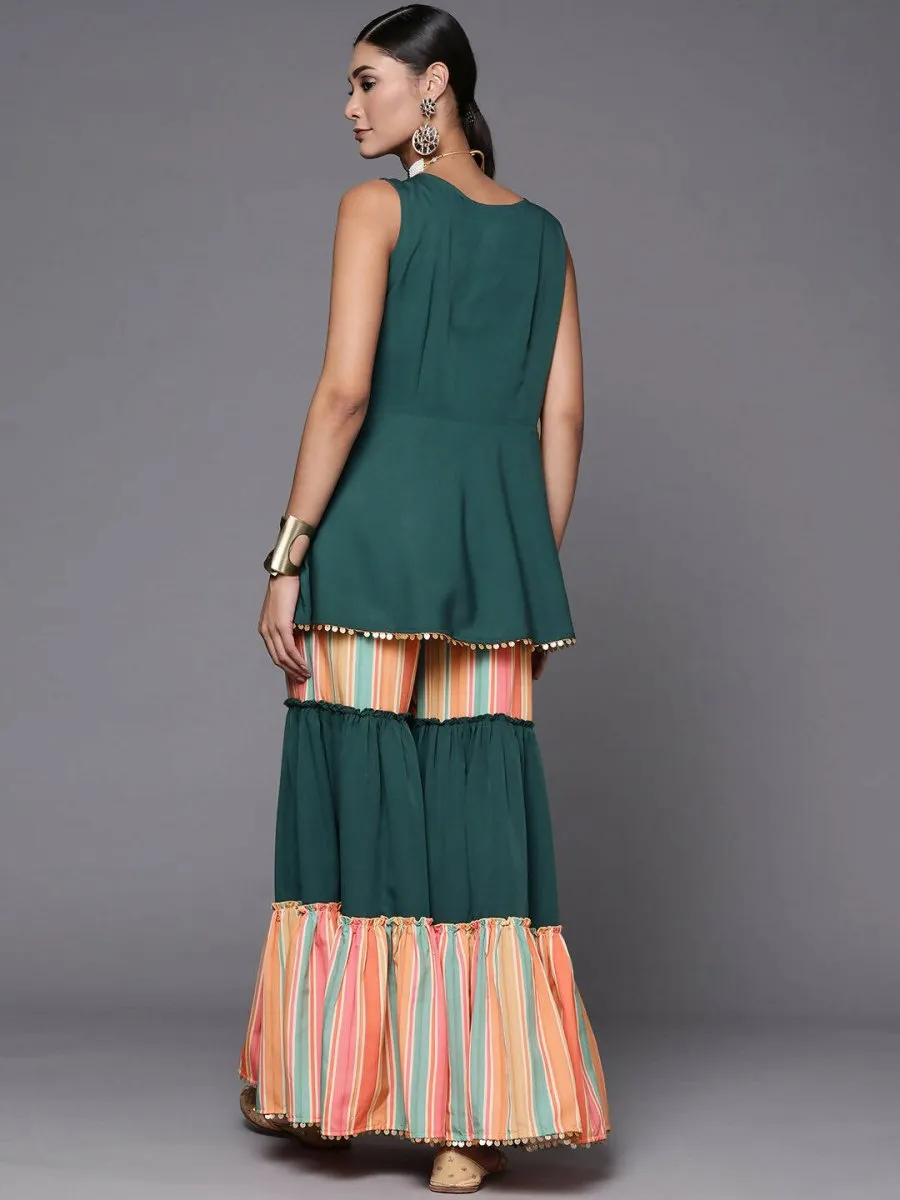 Ahalyaa Green Yoke Geometric Printed High Slit Sequinned Kurti with Sharara
