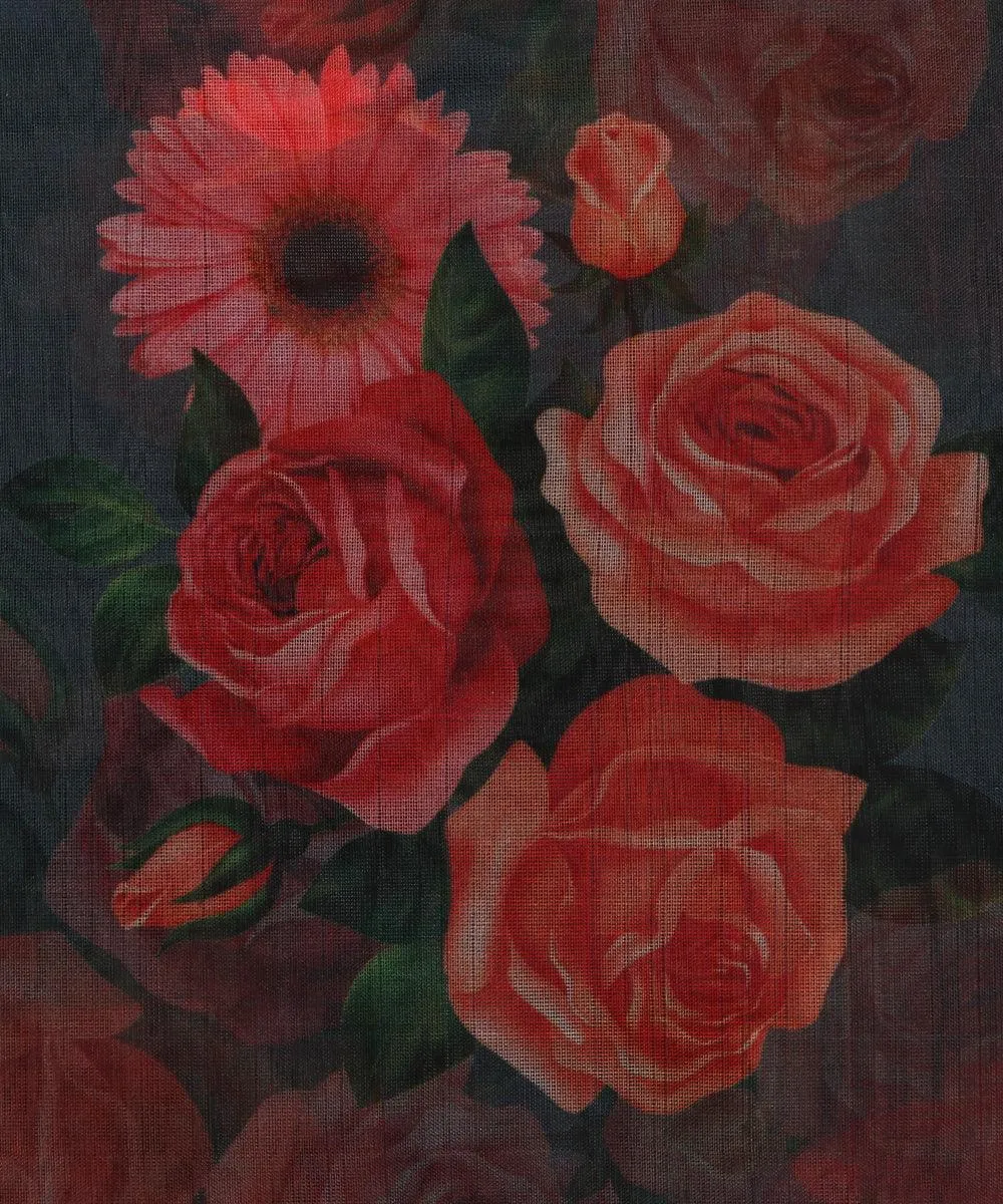 Black Colour Floral Print Organza Silk Fabric