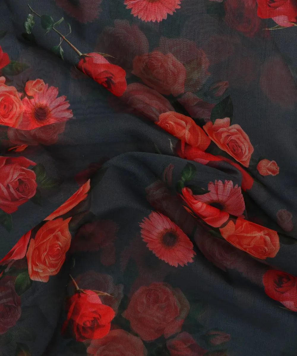 Black Colour Floral Print Organza Silk Fabric