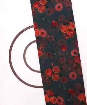 Black Colour Floral Print Organza Silk Fabric