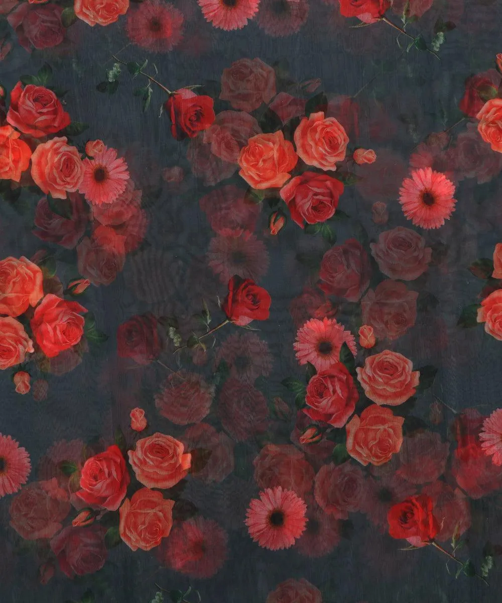 Black Colour Floral Print Organza Silk Fabric