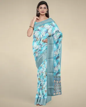 Blue uniquely printed semi banaras dola cotton saree, self-border & pallu of floral & geometric patterns