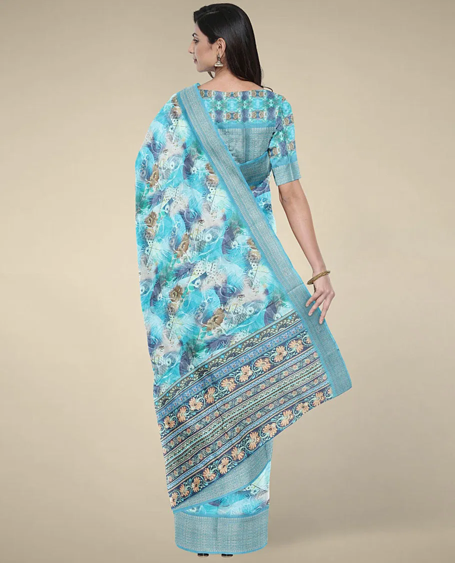 Blue uniquely printed semi banaras dola cotton saree, self-border & pallu of floral & geometric patterns