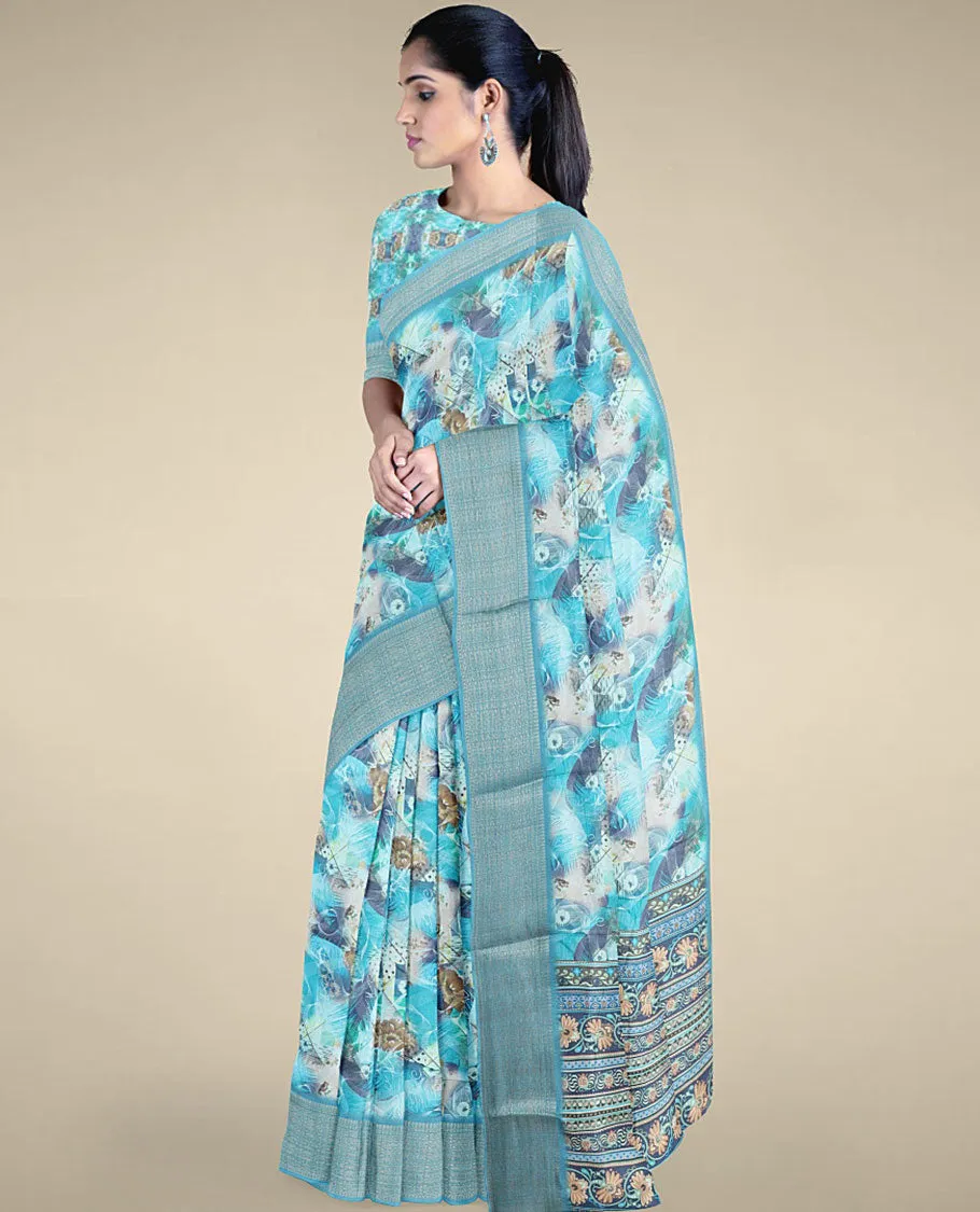 Blue uniquely printed semi banaras dola cotton saree, self-border & pallu of floral & geometric patterns