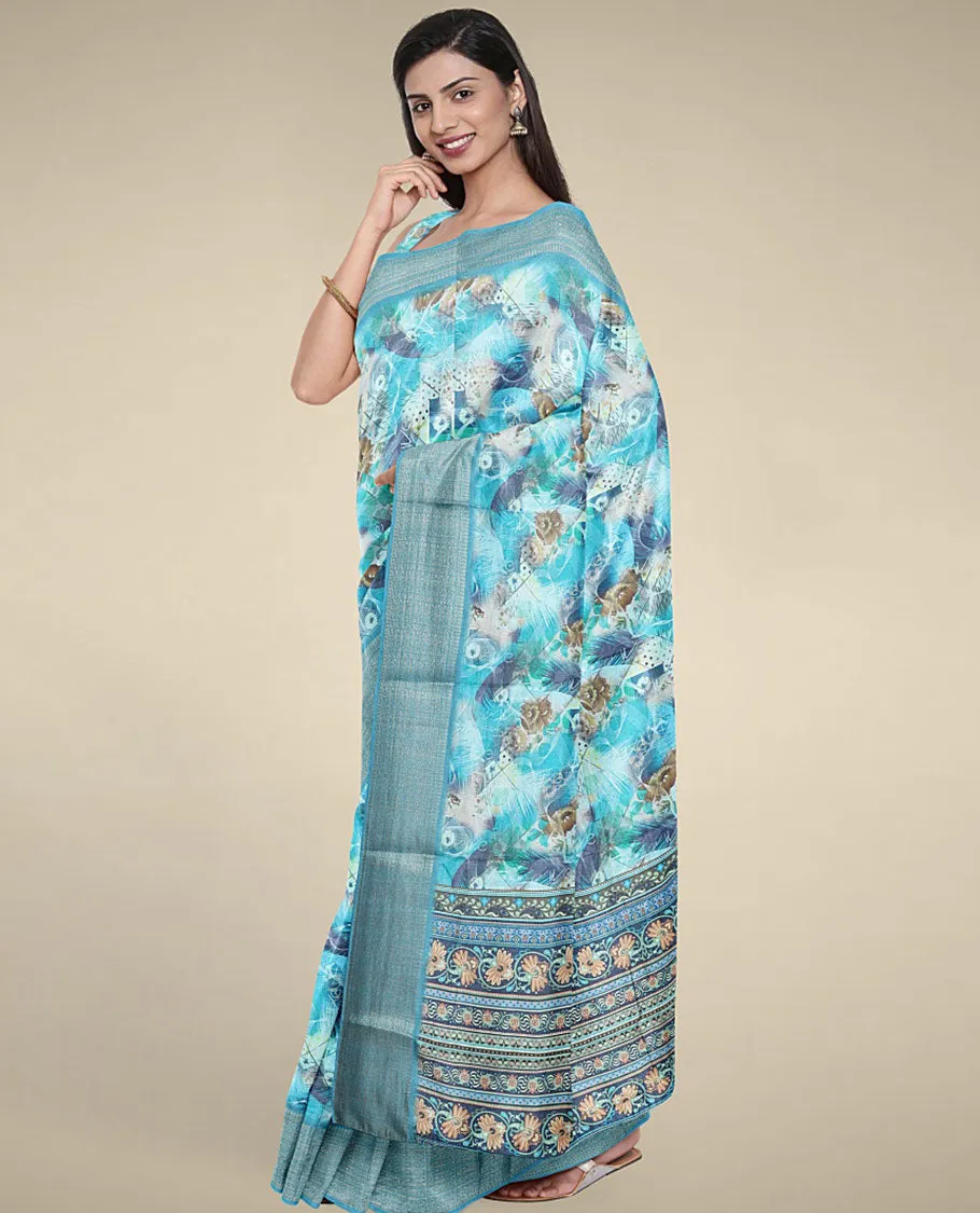 Blue uniquely printed semi banaras dola cotton saree, self-border & pallu of floral & geometric patterns