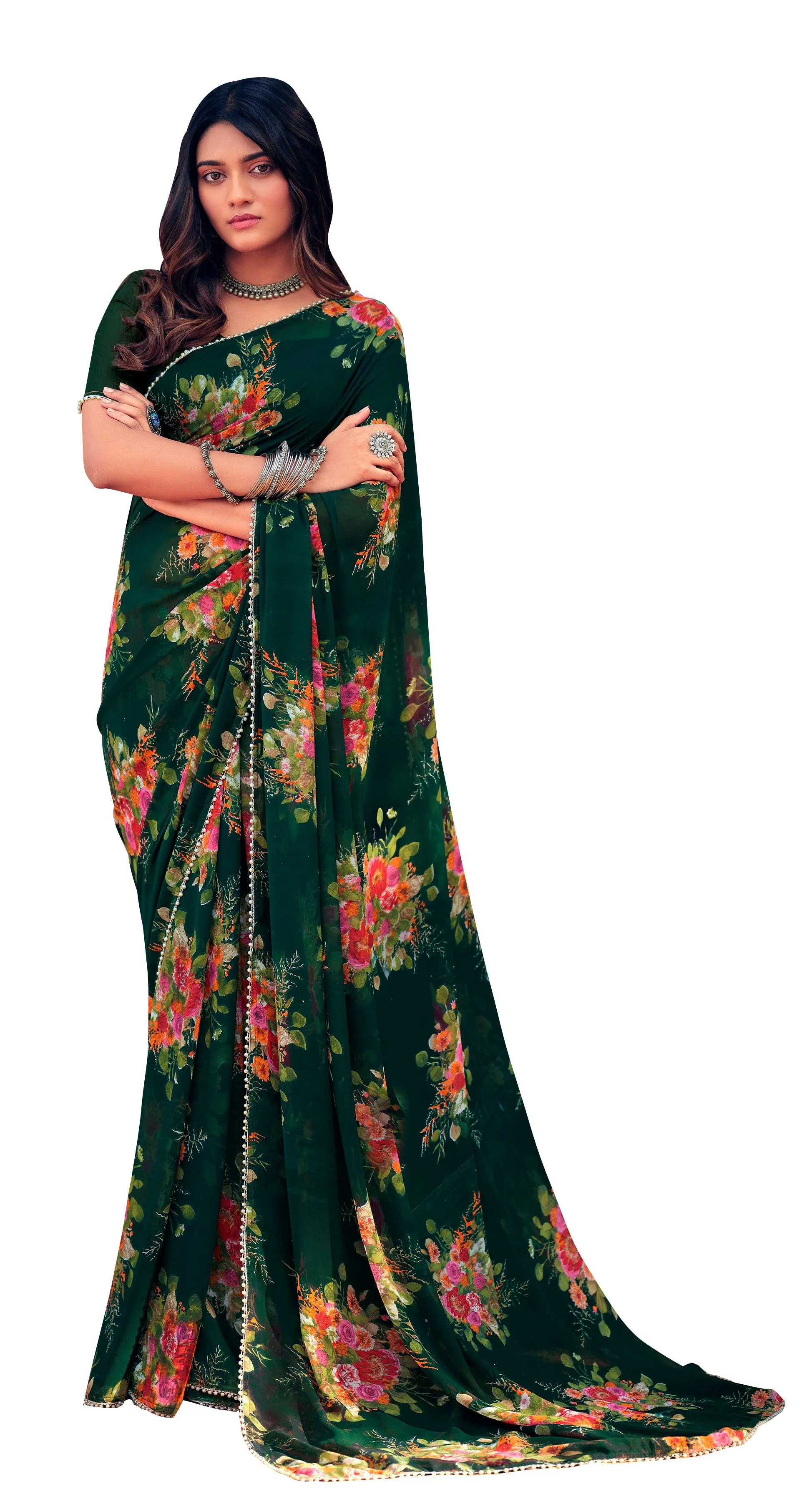 Bottle Green Floral Printed Saree with Pearl Lace Work MN3807