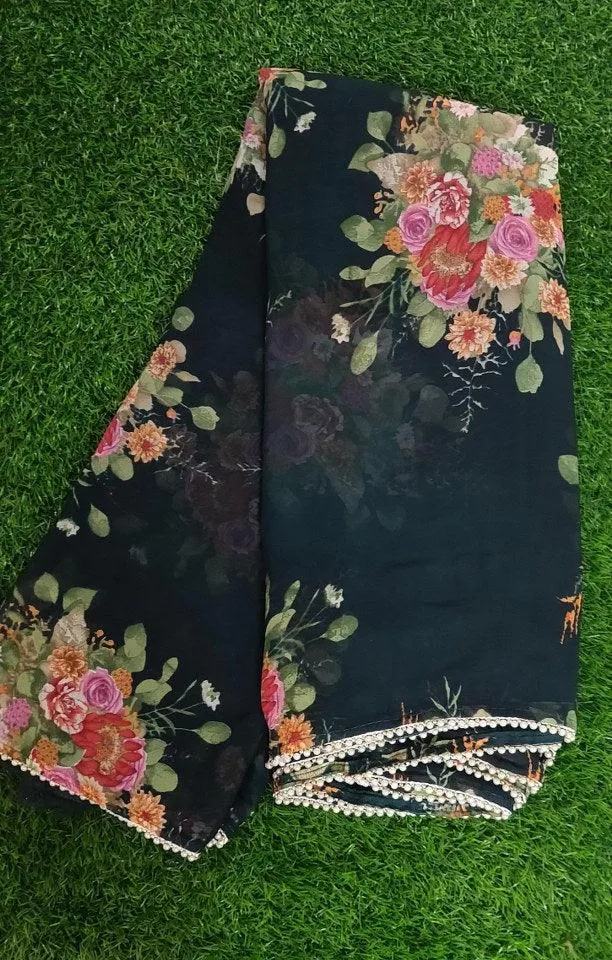 Bottle Green Floral Printed Saree with Pearl Lace Work MN3807