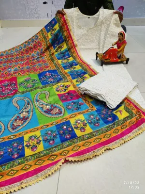 Bright Multicolor Design Chikankari Elegance - Pakistani Dupatta & Kurti Palazzo Set