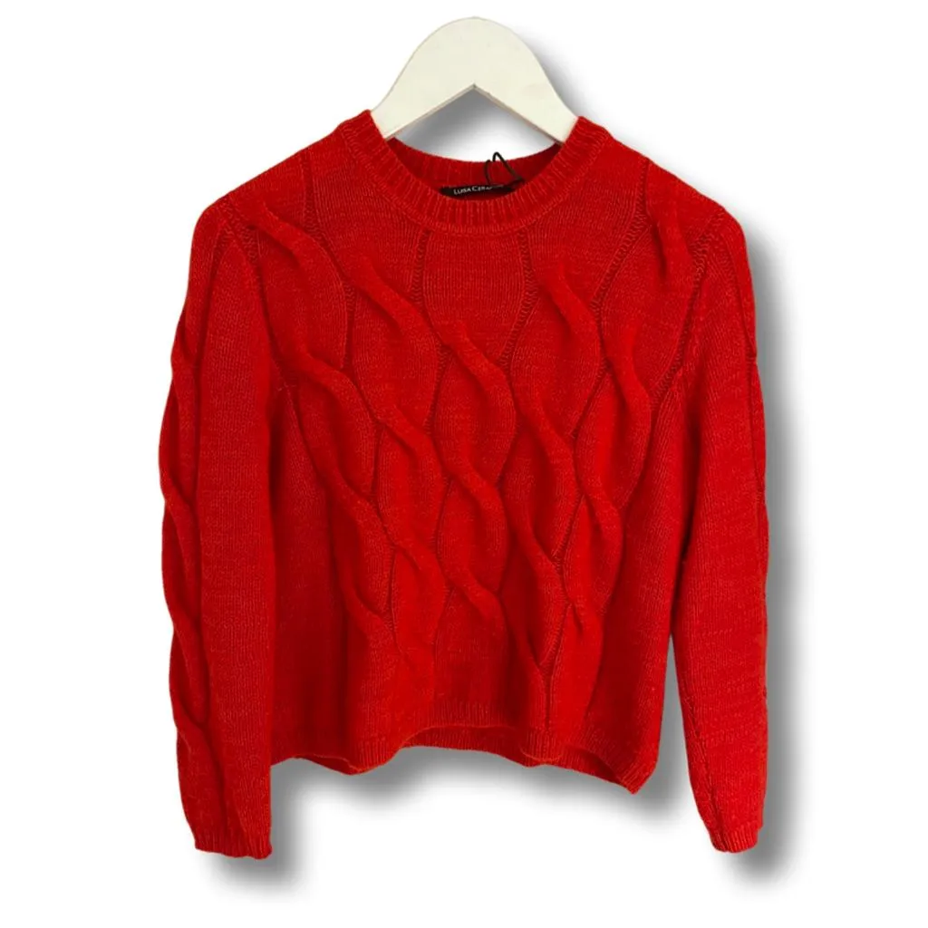 Bright red sweater by Luisa Cerano.