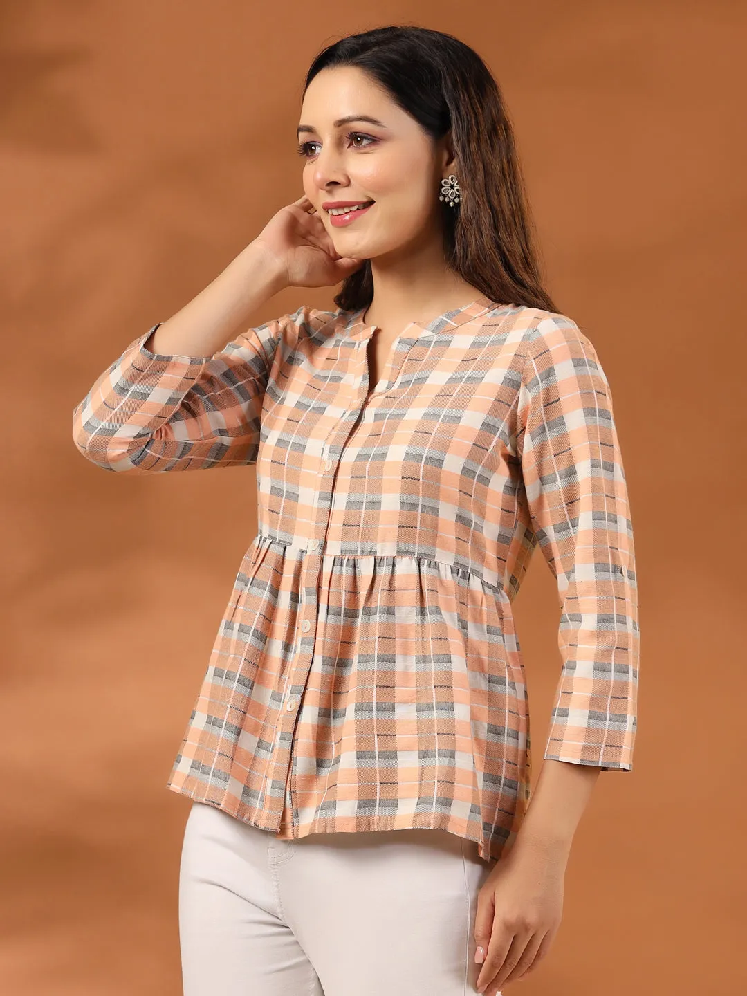 Checked Cotton Shirt With Gathered Detail
