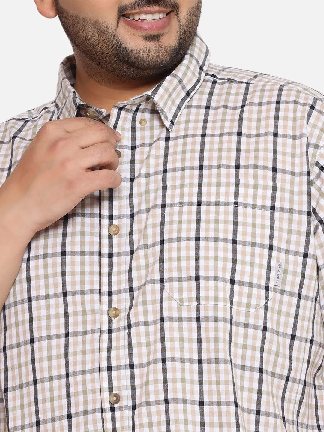 Columbia - Plus Size Men's Regular Fit Olive Color Checked Half Sleeve Casual Shirt