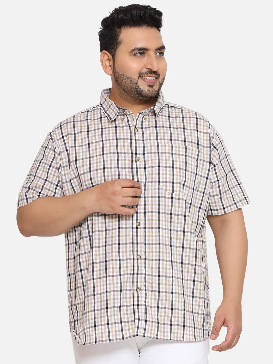 Columbia - Plus Size Men's Regular Fit Olive Color Checked Half Sleeve Casual Shirt