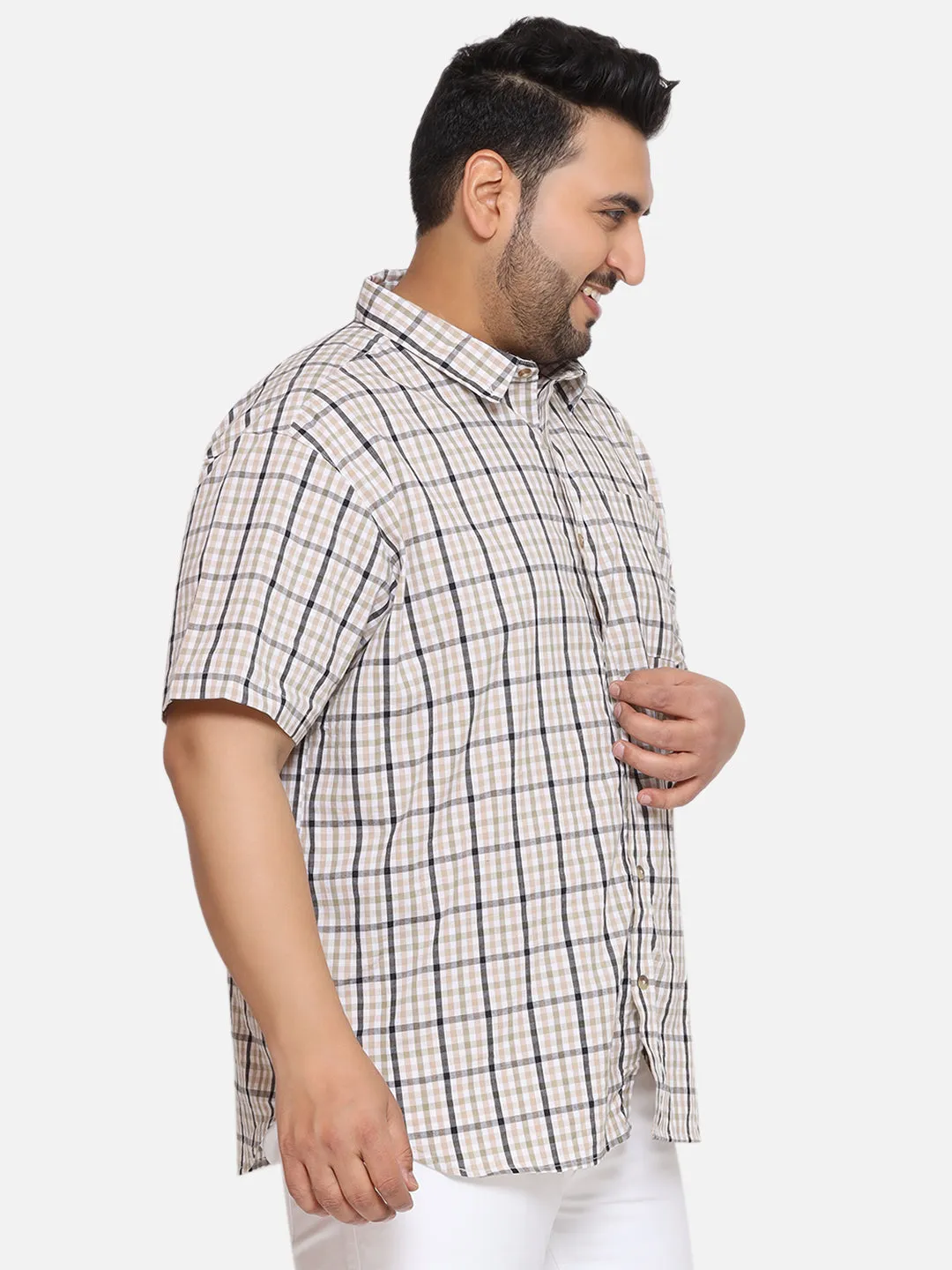 Columbia - Plus Size Men's Regular Fit Olive Color Checked Half Sleeve Casual Shirt