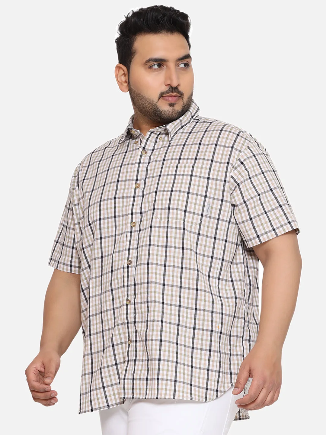 Columbia - Plus Size Men's Regular Fit Olive Color Checked Half Sleeve Casual Shirt