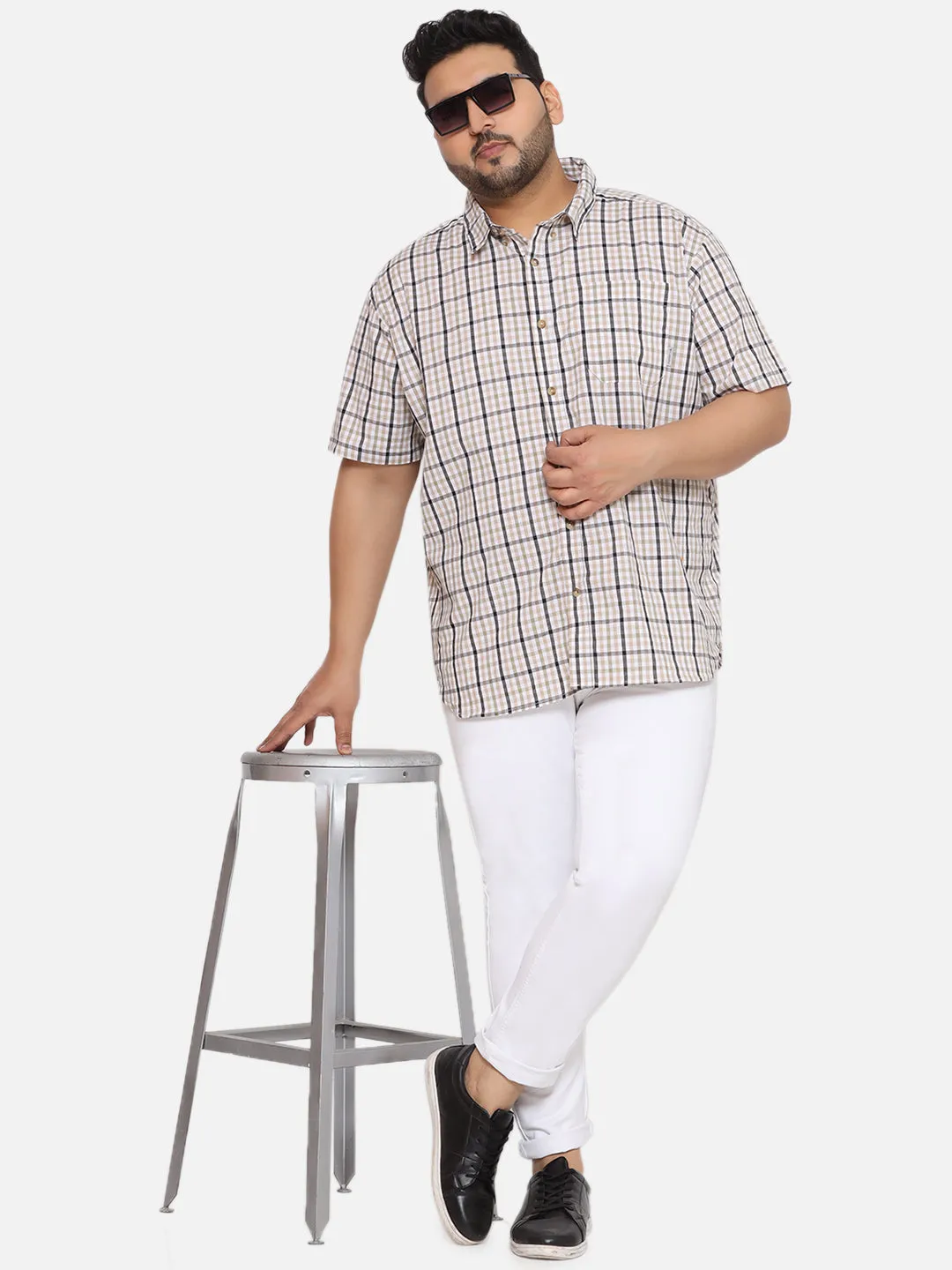 Columbia - Plus Size Men's Regular Fit Olive Color Checked Half Sleeve Casual Shirt
