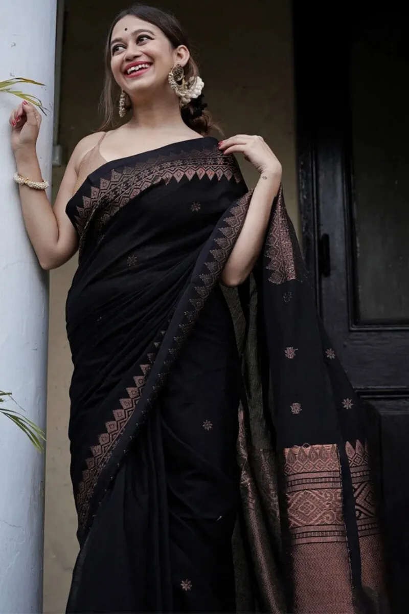 Imbrication Black Soft Silk Saree With Devastating Blouse Piece