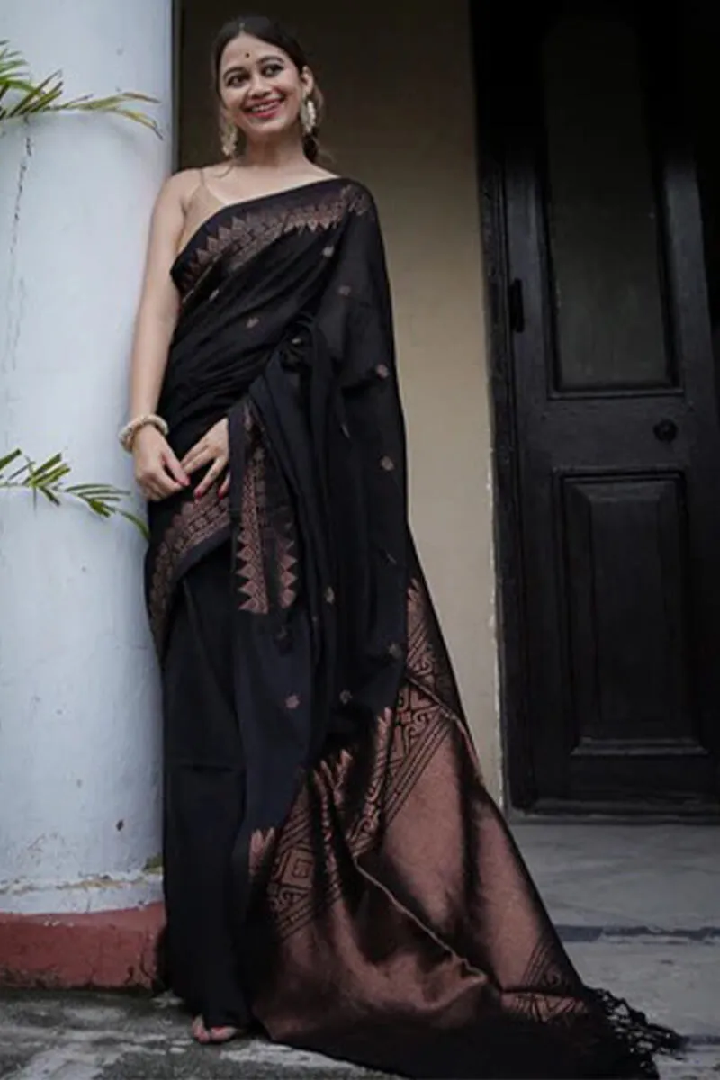 Imbrication Black Soft Silk Saree With Devastating Blouse Piece
