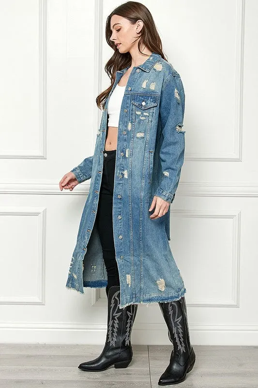 Med Wash Distressed Long Denim Jacket