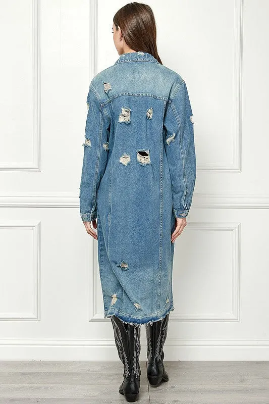 Med Wash Distressed Long Denim Jacket