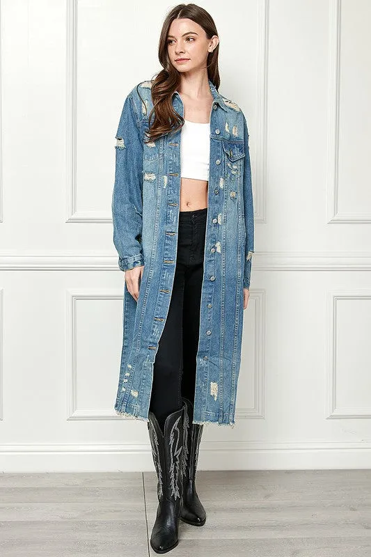 Med Wash Distressed Long Denim Jacket