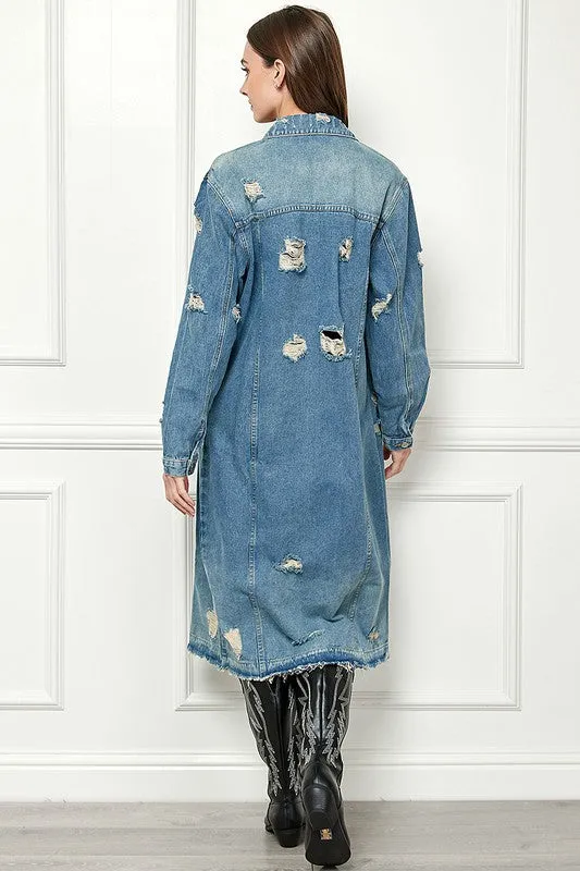 Med Wash Distressed Long Denim Jacket