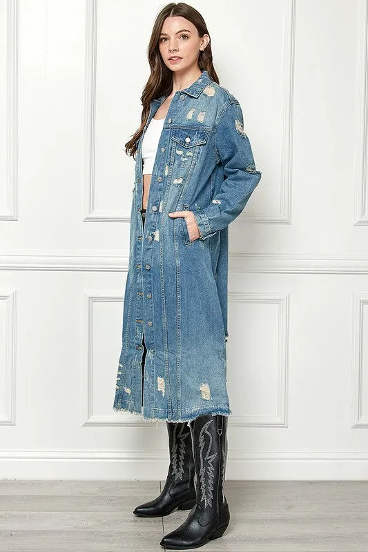 Med Wash Distressed Long Denim Jacket