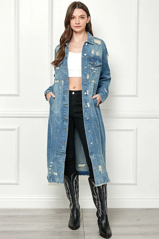 Med Wash Distressed Long Denim Jacket