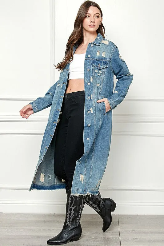 Med Wash Distressed Long Denim Jacket