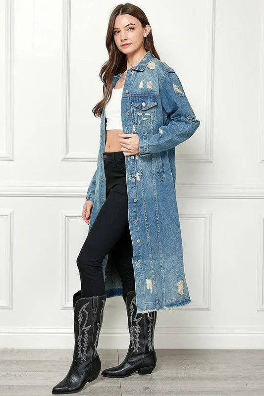 Med Wash Distressed Long Denim Jacket