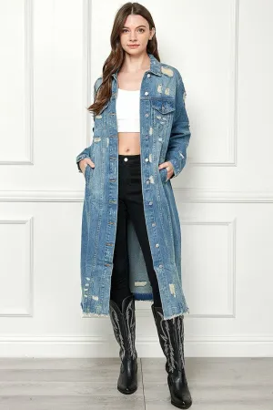 Med Wash Distressed Long Denim Jacket