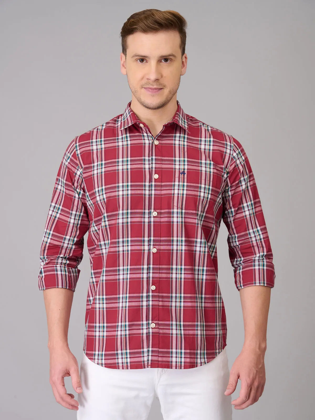 Men Solid Pink Checked Cotton Shirt (GBHM23ED22)