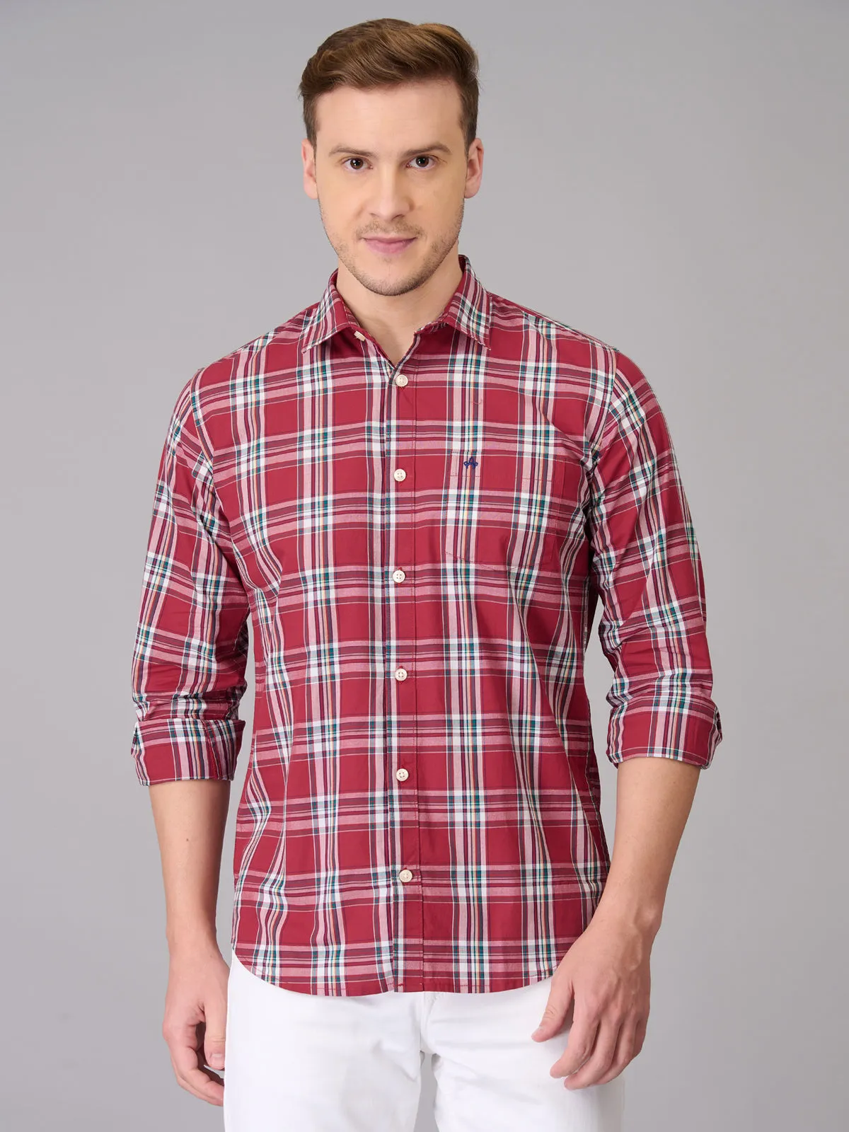 Men Solid Pink Checked Cotton Shirt (GBHM23ED22)