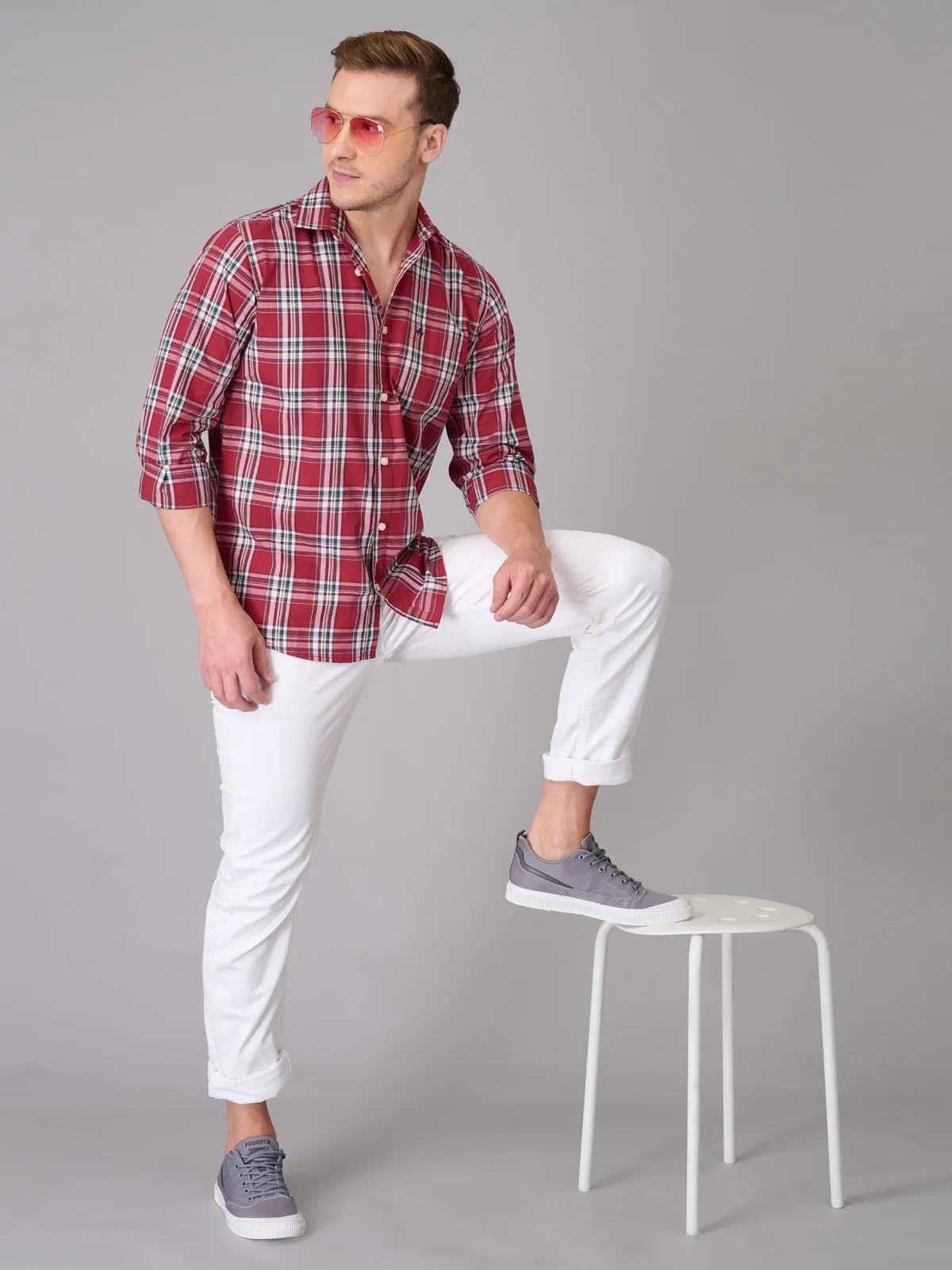 Men Solid Pink Checked Cotton Shirt (GBHM23ED22)