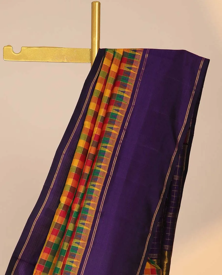 Multi-color micro-checked kancheepuram silksaree, contrast rettai pettu temple border & checked pallu of thalampoo rekku