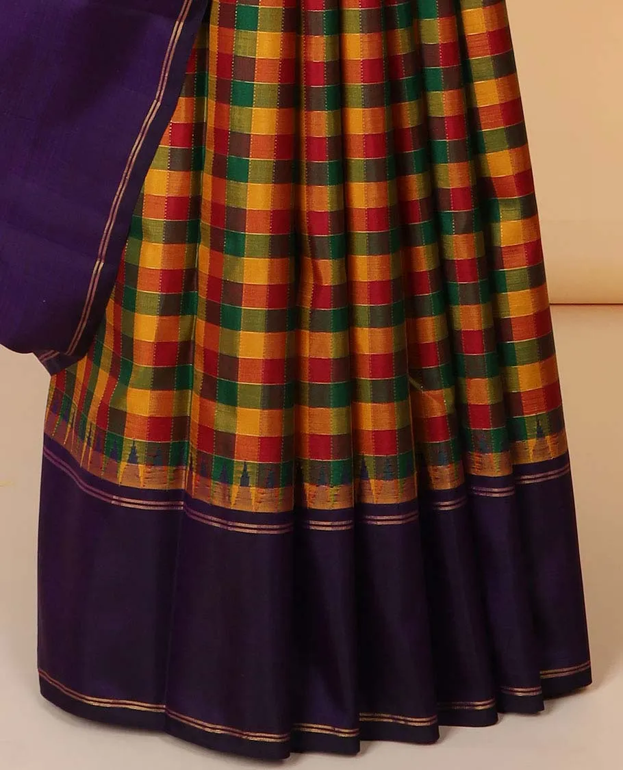 Multi-color micro-checked kancheepuram silksaree, contrast rettai pettu temple border & checked pallu of thalampoo rekku