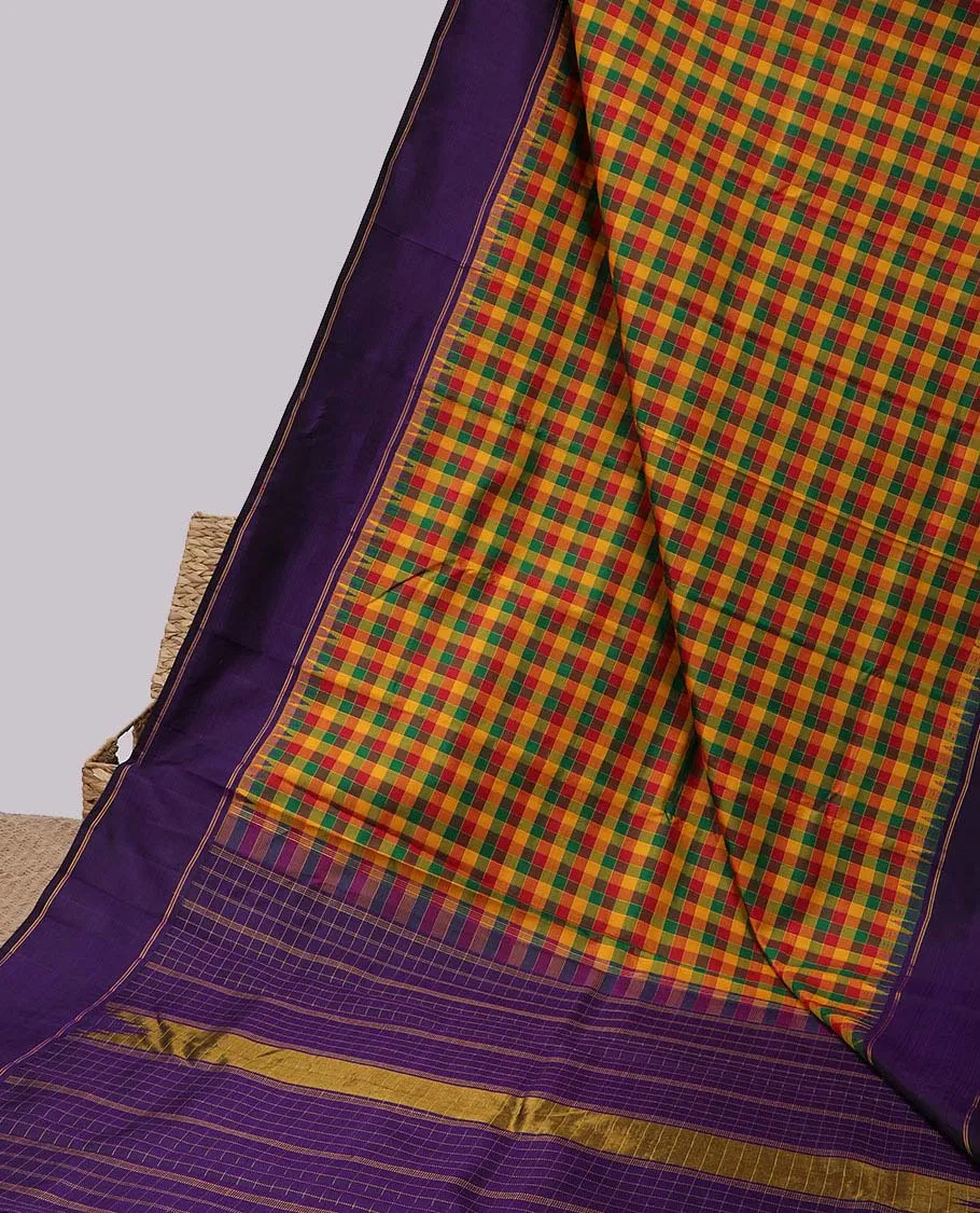 Multi-color micro-checked kancheepuram silksaree, contrast rettai pettu temple border & checked pallu of thalampoo rekku