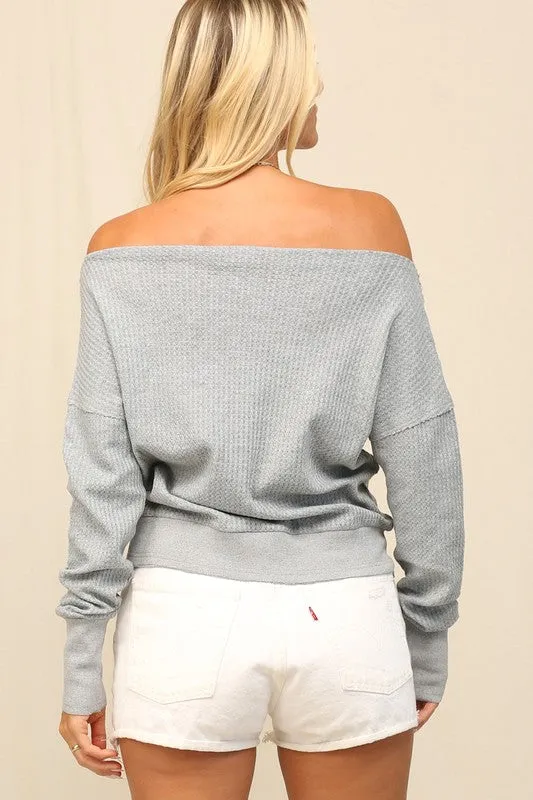 OFF-THE-SHOULDER THERMAL KNIT TOP (GRAY)