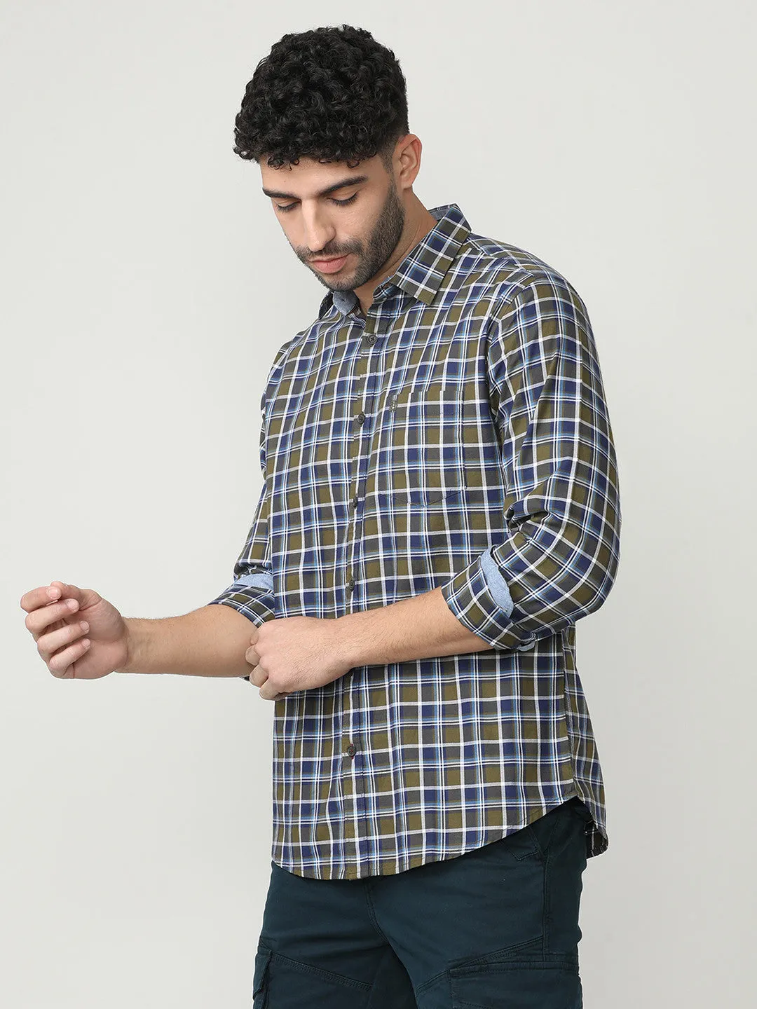 Olive Oxford Checks Shirt With Pocket