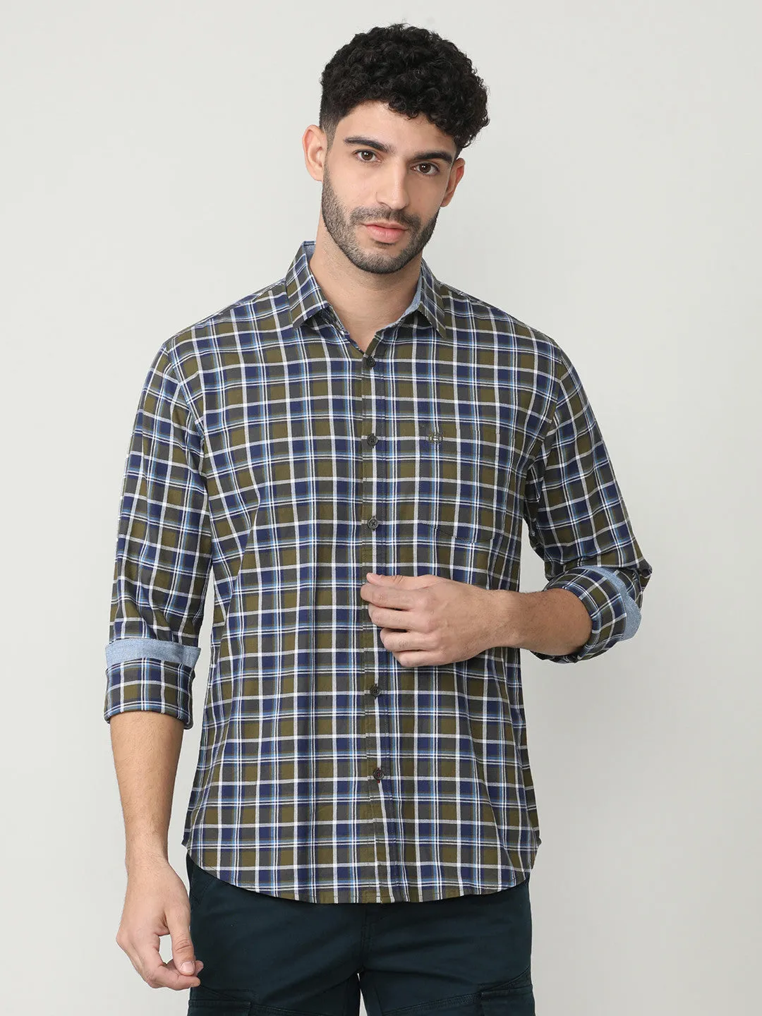 Olive Oxford Checks Shirt With Pocket