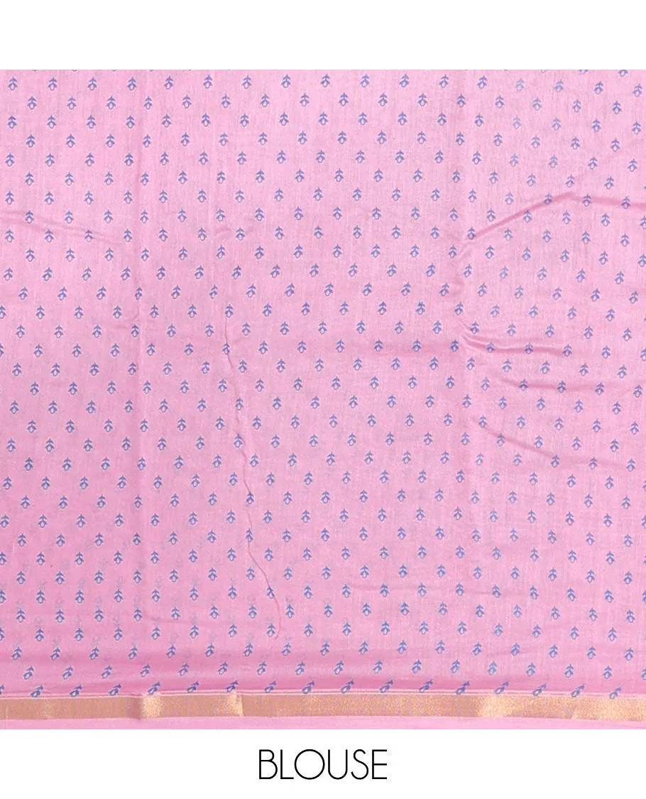 Pink floral printed cotton saree, zari border & geometric printed pallu