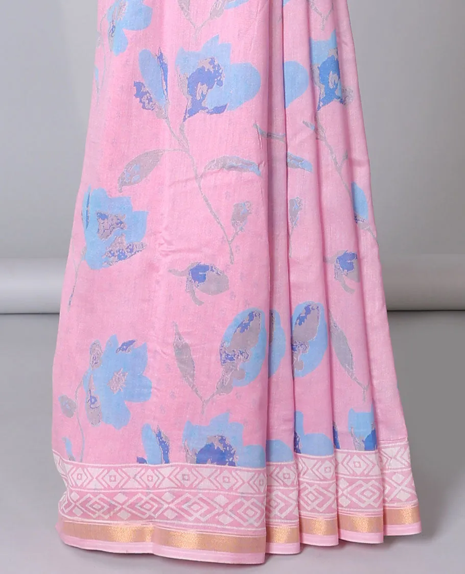 Pink floral printed cotton saree, zari border & geometric printed pallu