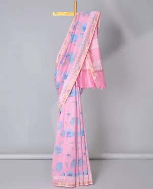 Pink floral printed cotton saree, zari border & geometric printed pallu