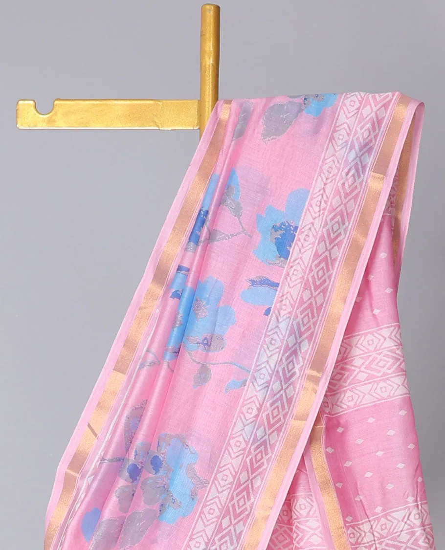 Pink floral printed cotton saree, zari border & geometric printed pallu