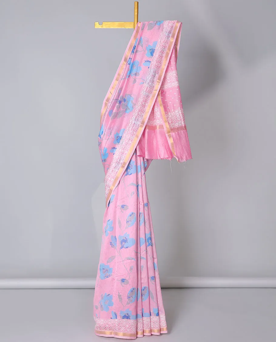 Pink floral printed cotton saree, zari border & geometric printed pallu