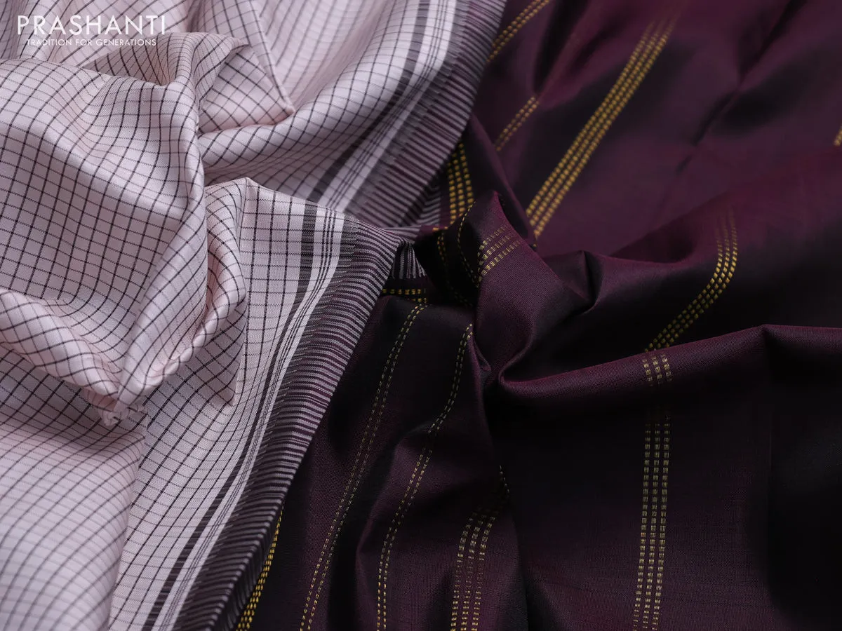 Pure kanchipuram silk saree beige shade and wine shade with allover checked pattern and temple design zari woven border