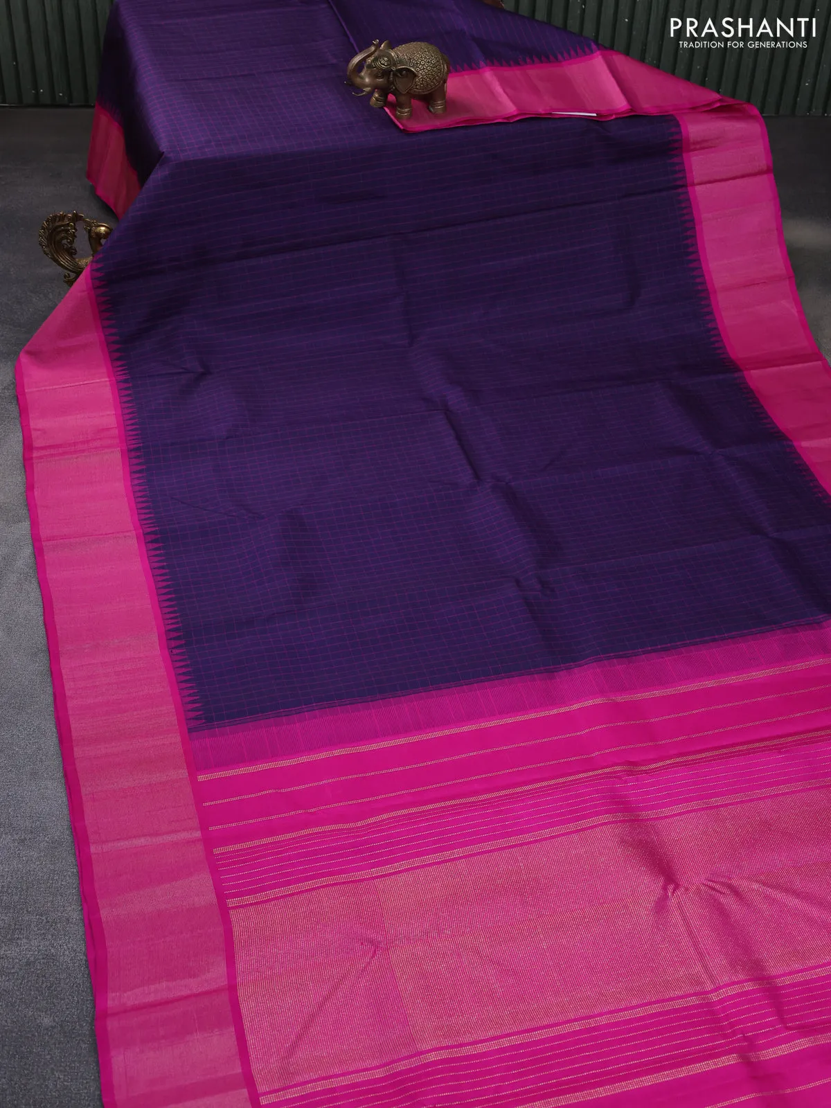Pure kanchipuram silk saree navy blue and pink with allover checked pattern and temple design zari woven border