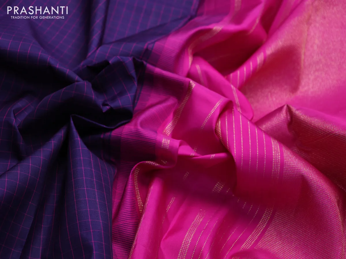 Pure kanchipuram silk saree navy blue and pink with allover checked pattern and temple design zari woven border
